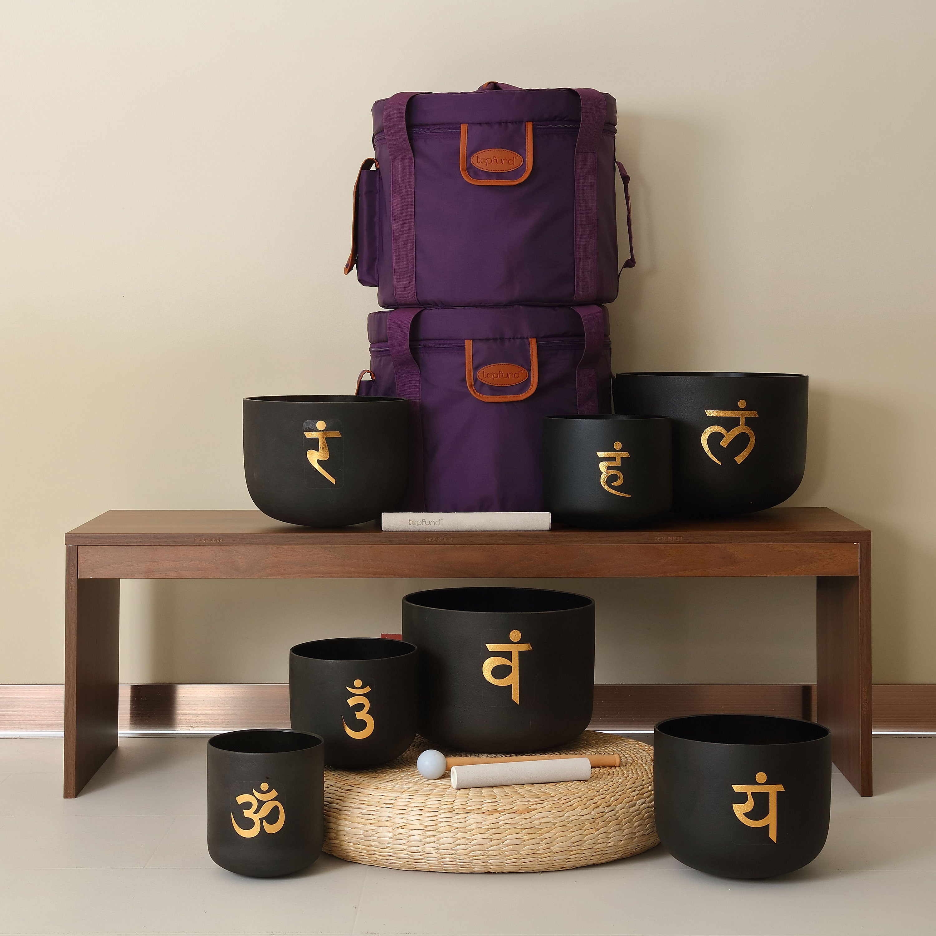 TOPFUND 440Hz Golden Chakra Patterns Set of 7 Black Crystal Singing Bowls 8-14 inch - TOPFUND Crystal Singing Bowl